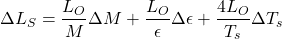\begin{equation*} \Delta\slr =  \frac{\olr}{\ltr} \Delta\ltr + \frac{\olr}{\emis} \Delta\emis + \frac{4 \olr}{\tsurf} \Delta\tsurf \end{equation*}