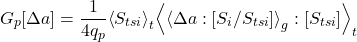 \begin{equation*} \changetermp{\Delta\albedo} = \frac{1}{4\qp} \ex{\tsi}_t \exw{\exw{\Delta\albedo}{\isi/\tsi}_g}{\tsi}_t \end{equation*}