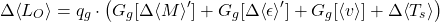\begin{equation*}   \Delta\ex{\olr} = \qg\cdot\left( \changetermg{\Delta\avg{\ltr}}  + \changetermg{\Delta\avg{\emis}}  + \changetermg{\ex{\tveb}} +  \Delta\ex{\tsurf} \right) \end{equation*}