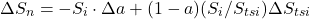 \begin{equation*} \Delta\Sn = -\isi \cdot \Delta\albedo + (1-\albedo) (\isi/\tsi) \Delta\tsi \end{equation*}