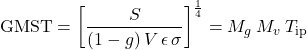 \begin{equation*} \GMST = \fourthroot{\left[ \frac{S}{(1-g) \, V \, \emis \, \sigma} \right]} = M_g\:M_v\: T_{\mathrm{ip}} \end{equation*}