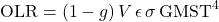 \begin{equation*} \OLR = (1-g) \, V \, \emis \, \sigma \, \GMST^4 \end{equation*}